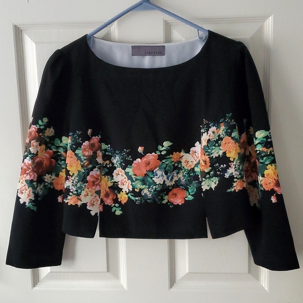 ZARA PLUS black floral cropped 3/4 sleeve top